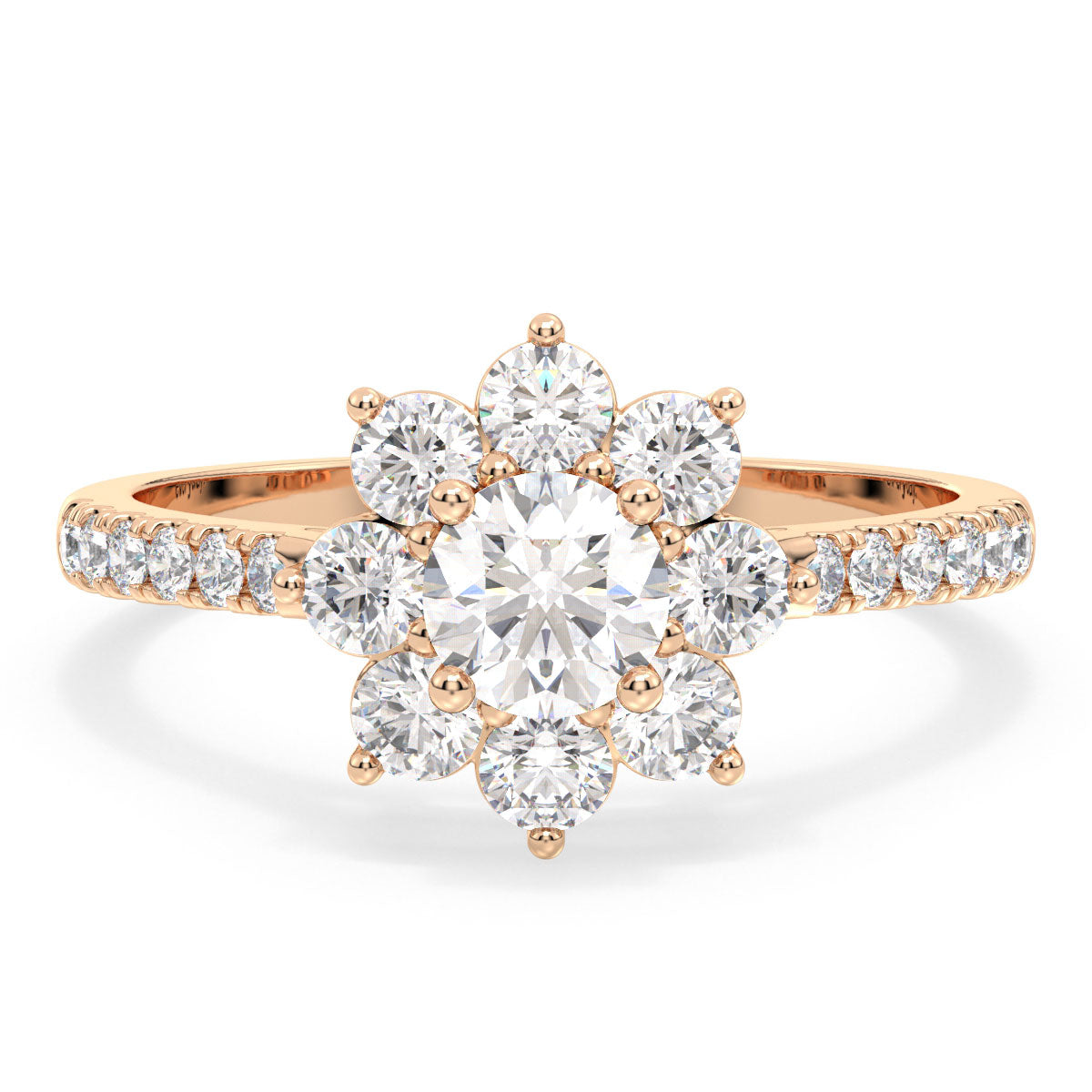 SOPHIA ROUND CUT SOLITAIRE RING ENCIRCLED WITH DIAMONDS, GOLD