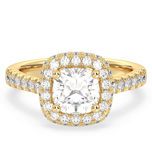 DAMAS HALO CUSHION CUT SOLITAIRE RING WITH SIDE STONES, GOLD