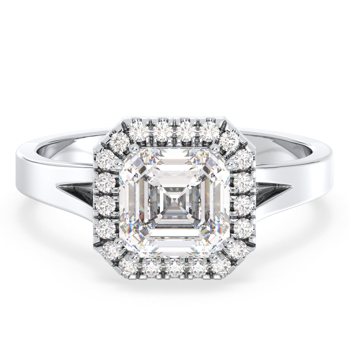 DAMAS ASSCHER CUT SOLITAIRE HALO RING, GOLD