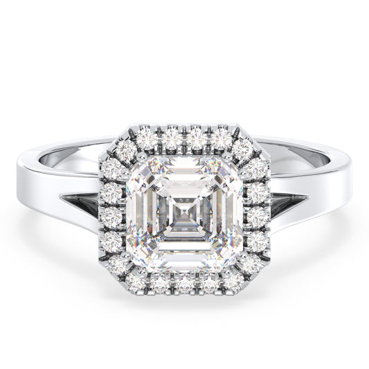 DAMAS ASSCHER CUT SOLITAIRE HALO RING, GOLD