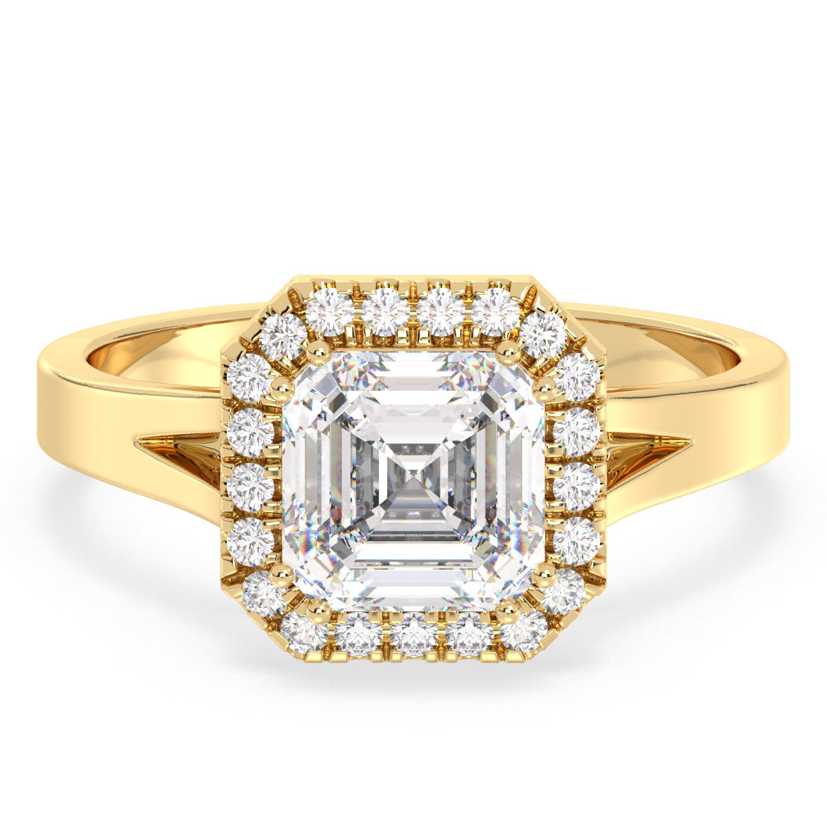 DAMAS ASSCHER CUT SOLITAIRE HALO RING, GOLD