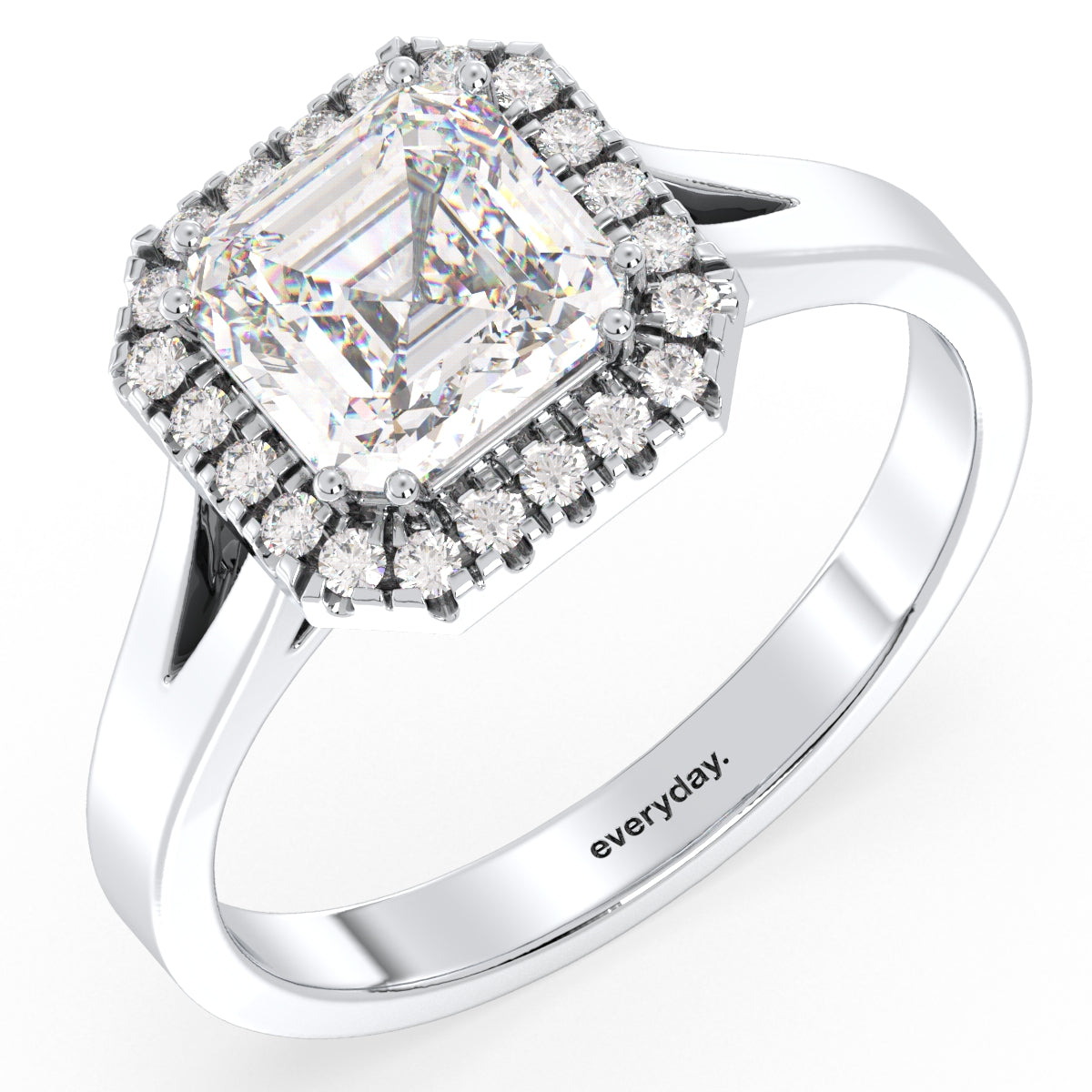 DAMAS ASSCHER CUT SOLITAIRE HALO RING, GOLD