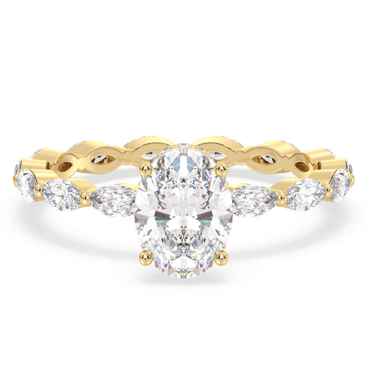 IRENE OVAL CUT SOLITAIRE RING WITH A FANCY TAPERED SHANK, GOLD