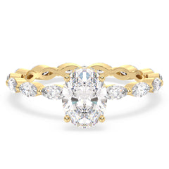 IRENE OVAL CUT LAB GROWN DIAMOND SOLITAIRE ENGAGEMENT RING WITH A FANCY TAPERED SHANK, GOLD