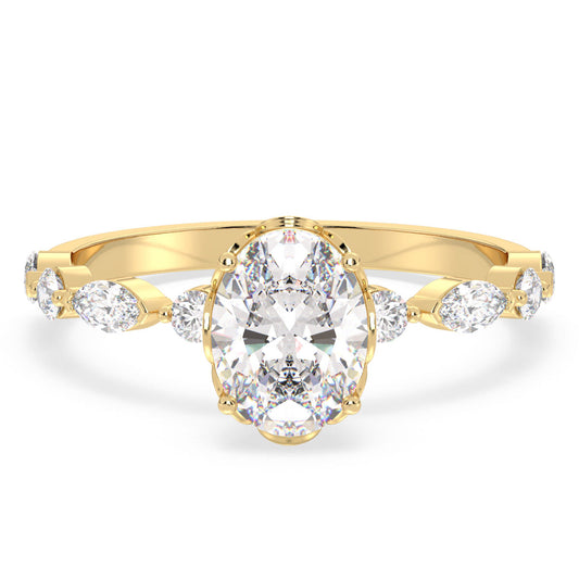 IRENE OVAL CUT SOLITAIRE RING WITH A STUDDED SHANK, GOLD