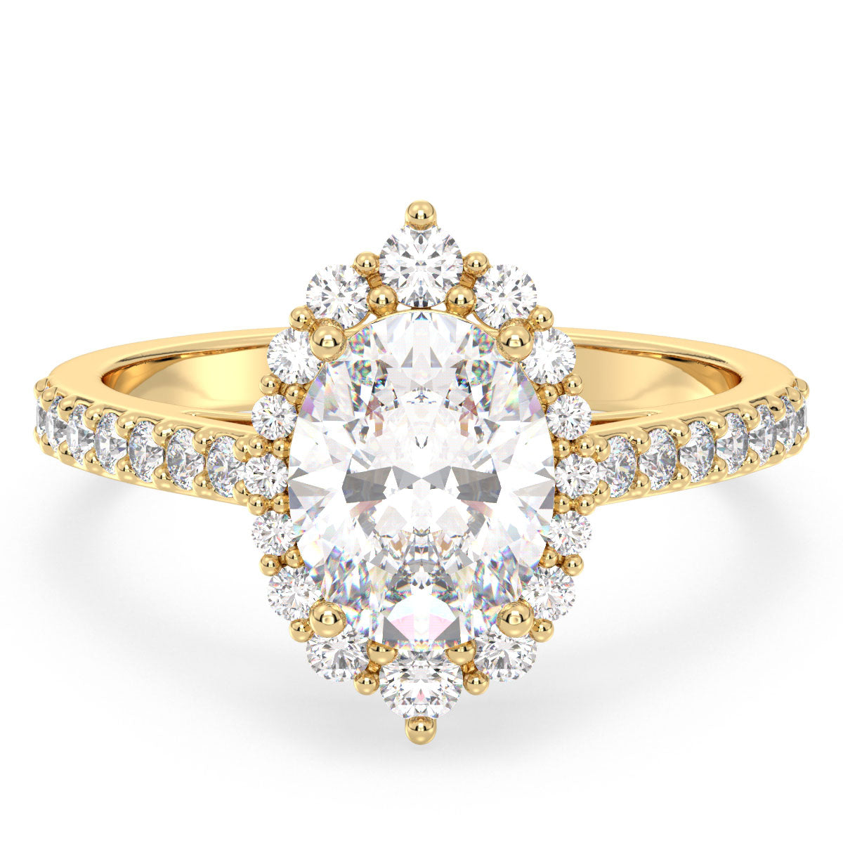 IRENE ELEVATED HALO OVAL CUT SOLITAIRE RING, GOLD