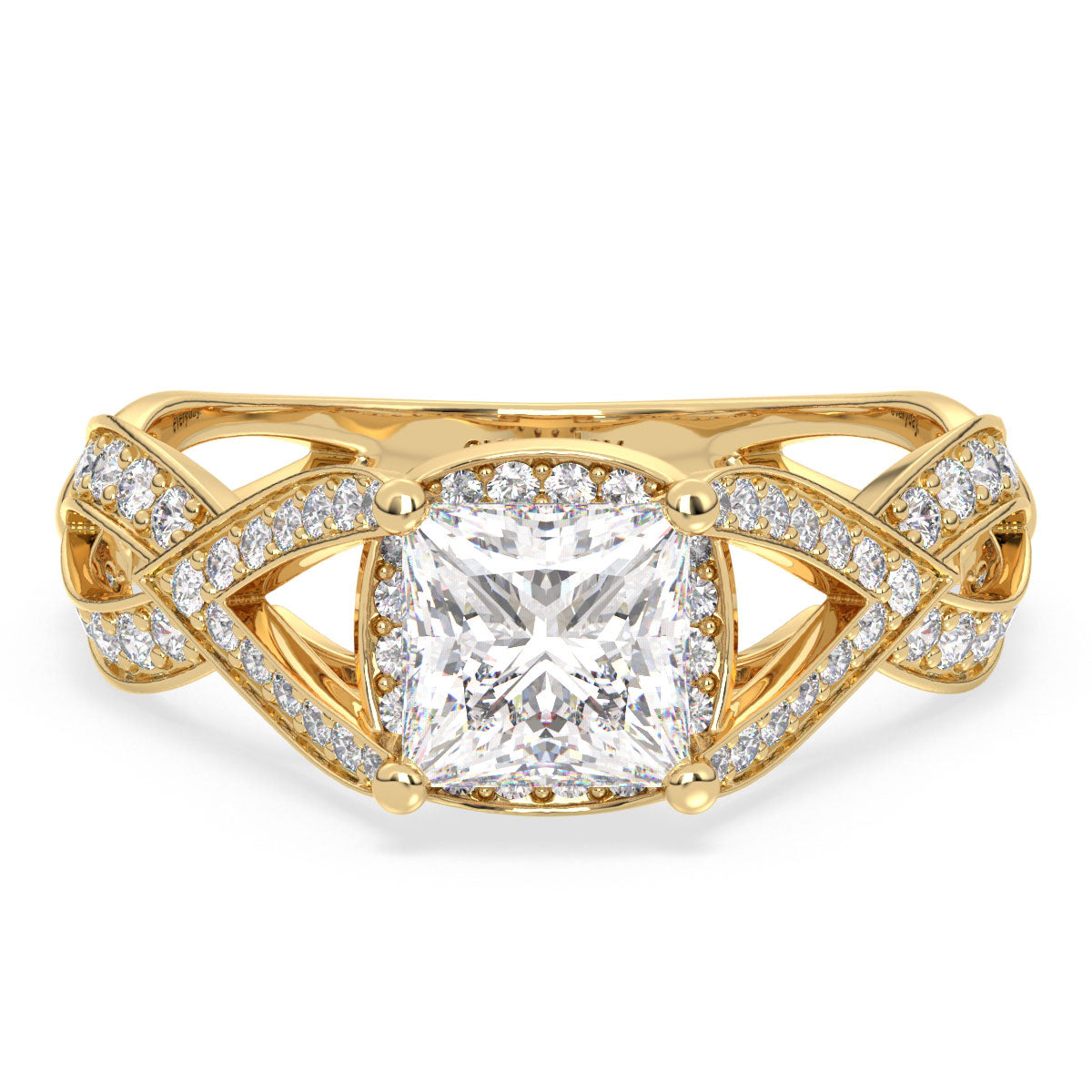 AZALEA FANCY HALO PRINCESS CUT SOLITAIRE RING WITH STUDDED SHANK, GOLD