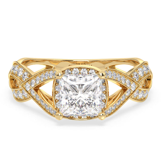 AZALEA FANCY HALO PRINCESS CUT SOLITAIRE RING WITH STUDDED SHANK, GOLD