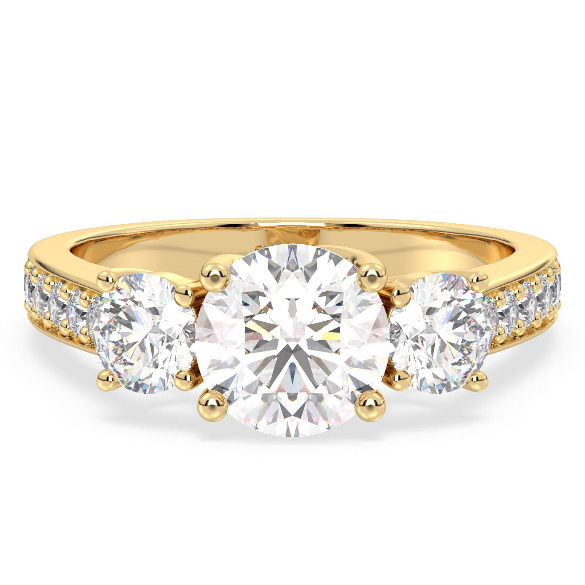 SOPHIA ROUND CUT THREE STONE RING WITH STUDDED SHANK, GOLD