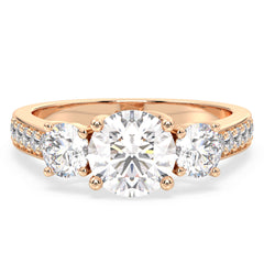 SOPHIA ROUND CUT LAB GROWN DIAMOND THREE STONE ELEGANT ENGAGEMENT RING WITH STUDDED SHANK, GOLD