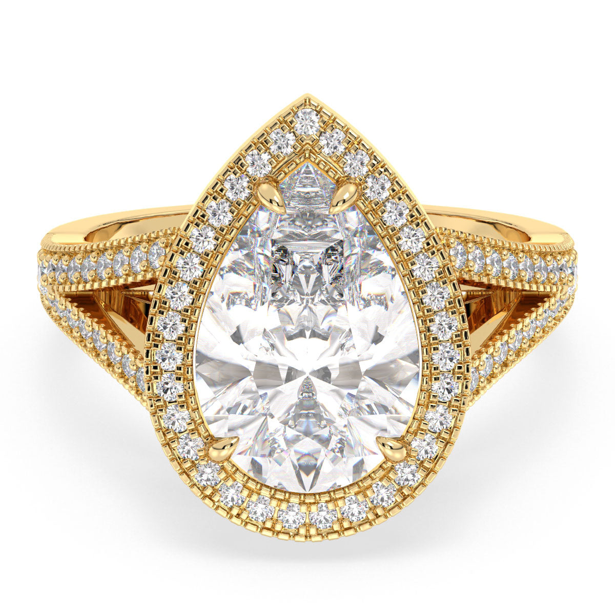 MARGUERITE HALO PEAR CUT RING WITH SPLIT SHANK, GOLD