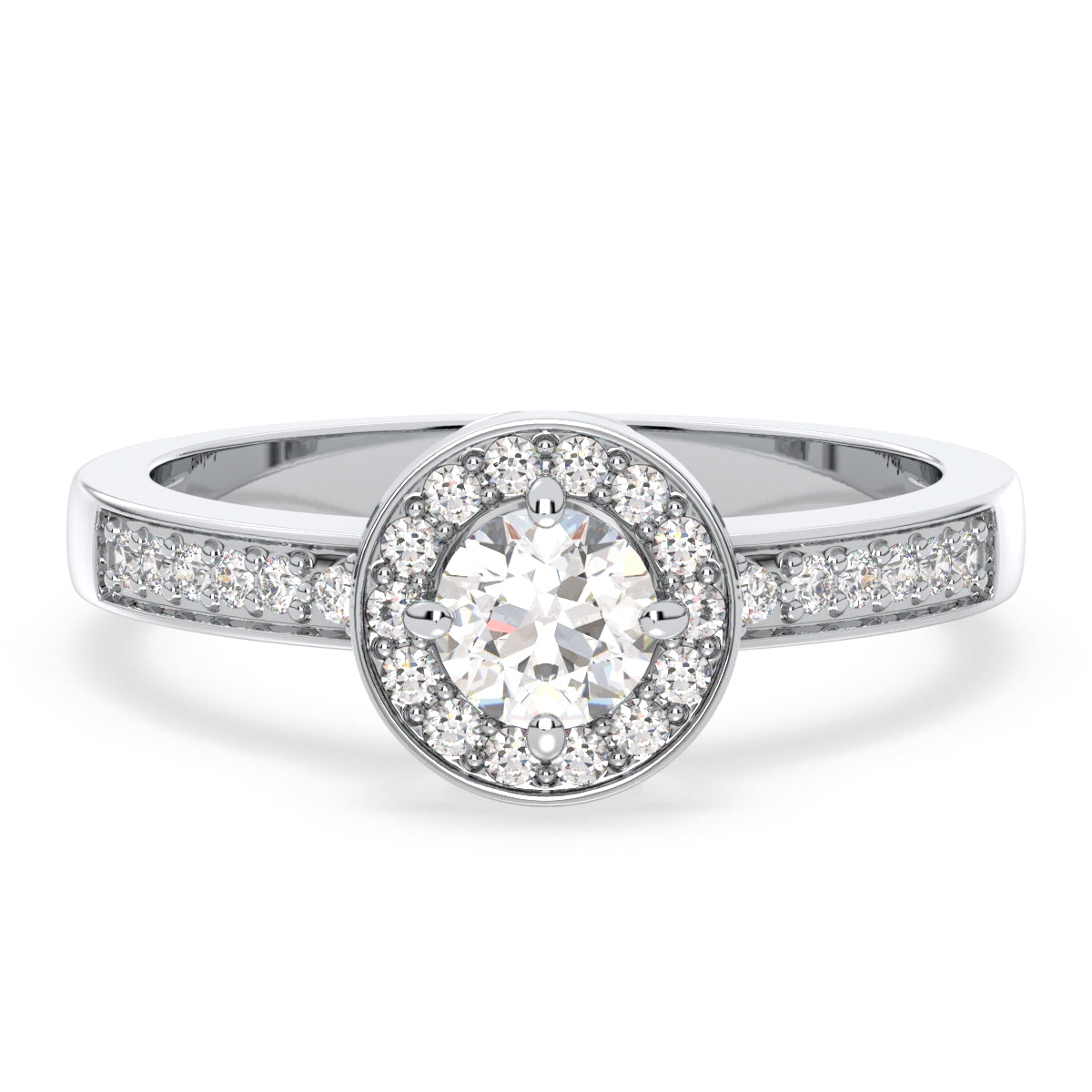 DAISY HALO BEZEL SET ROUND CUT SOLITAIRE RING WITH SIDE STONES, GOLD