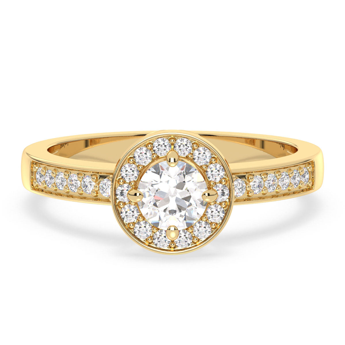 DAISY HALO BEZEL SET ROUND CUT SOLITAIRE RING WITH SIDE STONES, GOLD