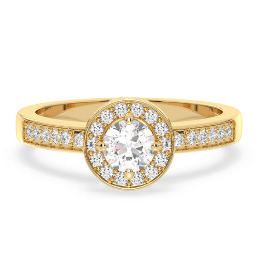 DAISY HALO BEZEL SET ROUND CUT SOLITAIRE RING WITH SIDE STONES, GOLD