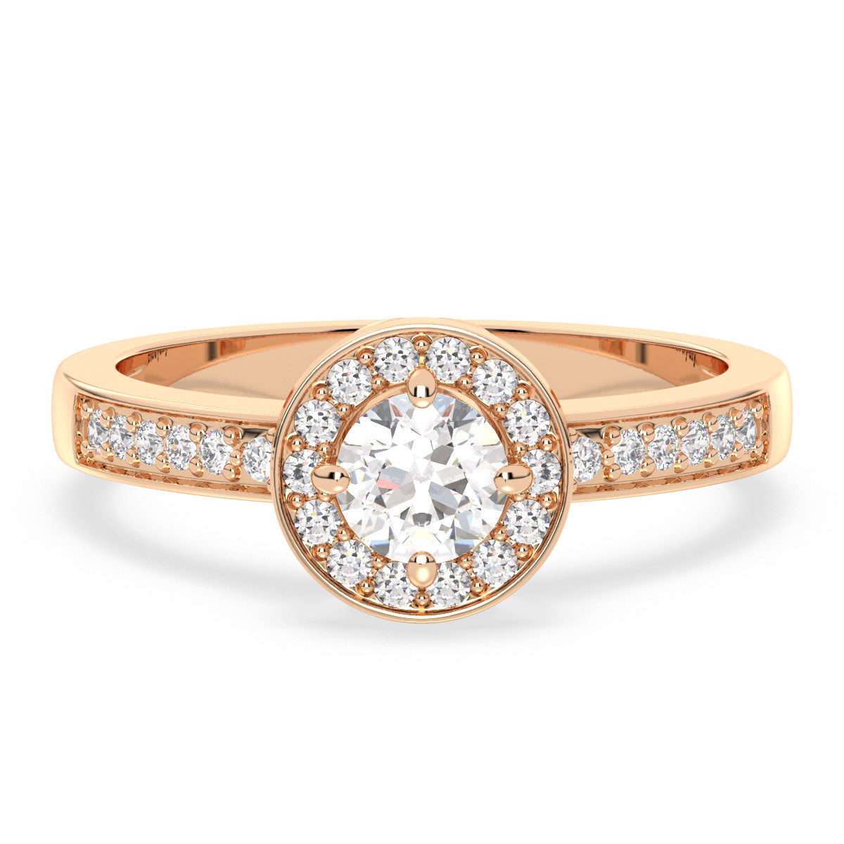 DAISY HALO BEZEL SET ROUND CUT SOLITAIRE RING WITH SIDE STONES, GOLD