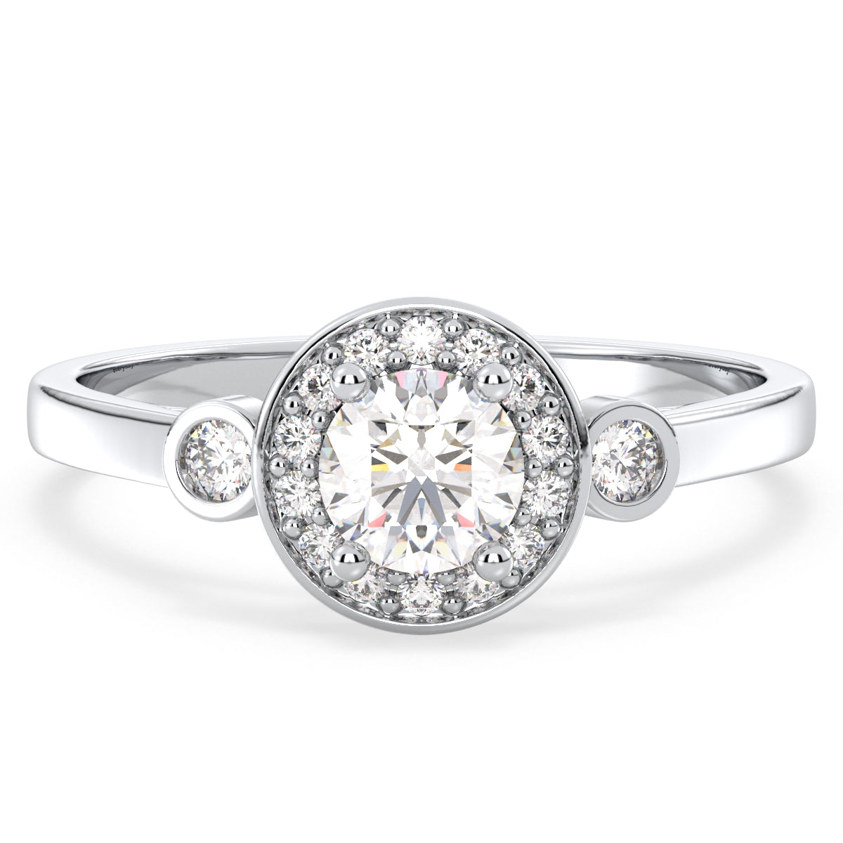 DAISY BEZEL SET HALO ROUND CUT SOLITAIRE RING, GOLD