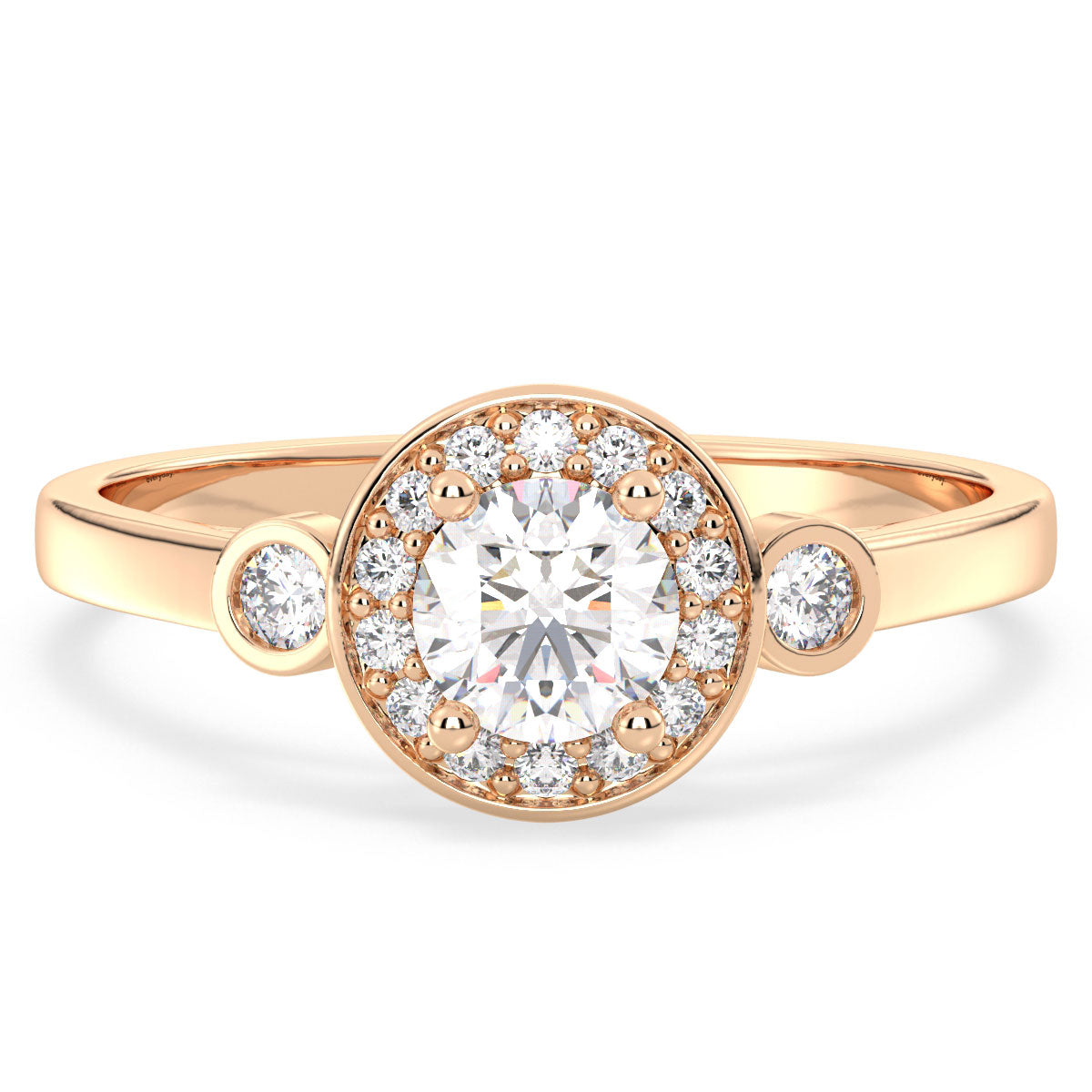 DAISY BEZEL SET HALO ROUND CUT SOLITAIRE RING, GOLD