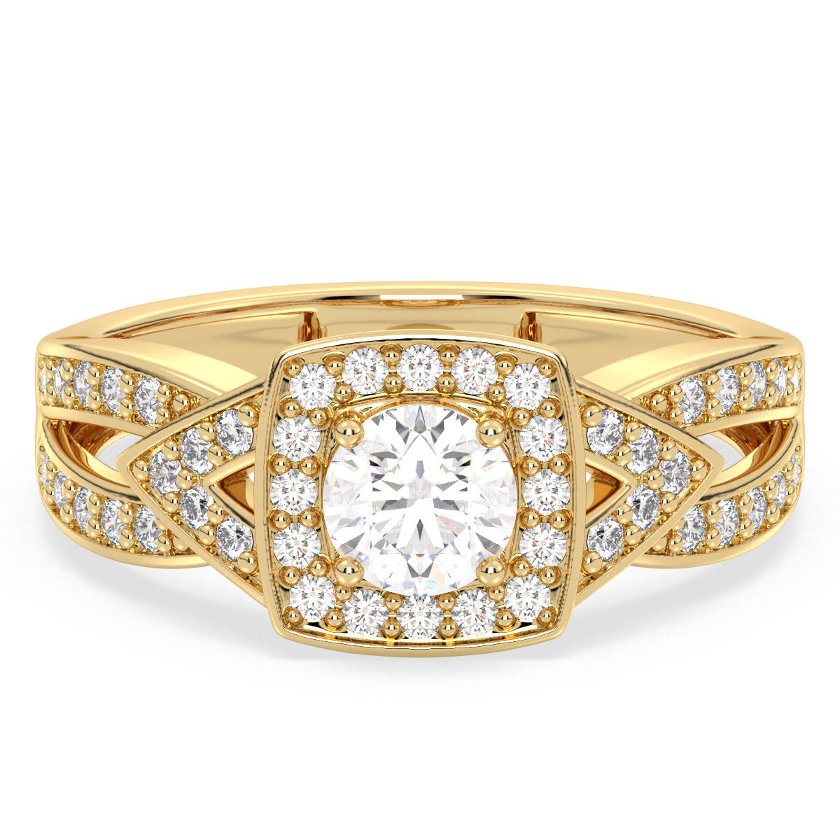 DAISY SQUARE HALO ROUND CUT SOLITAIRE RING WITH SPLIT SHANK, GOLD