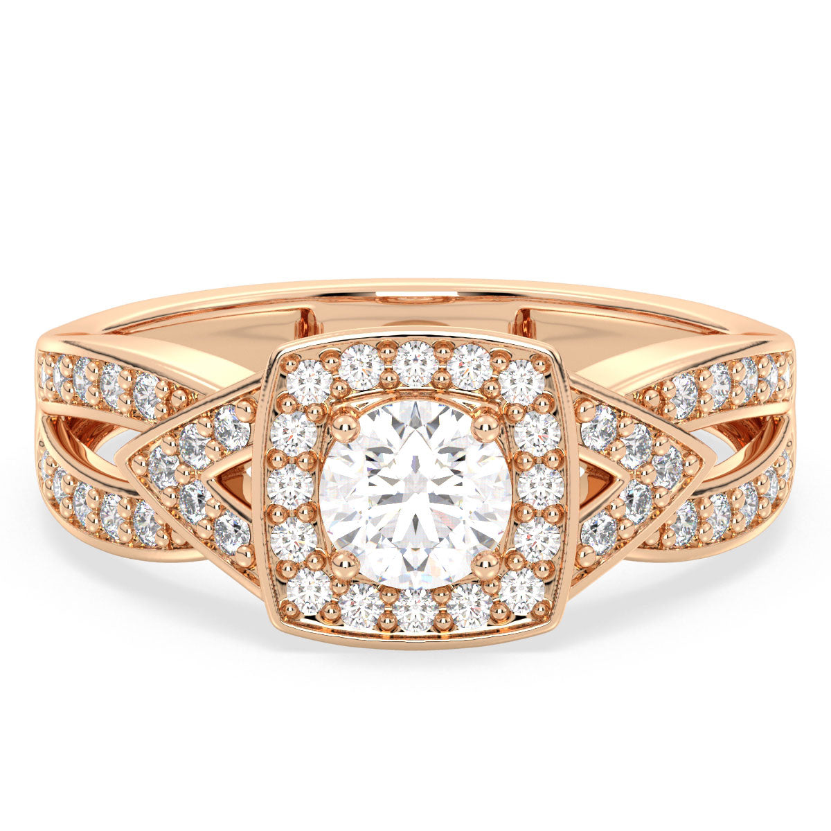 DAISY SQUARE HALO ROUND CUT SOLITAIRE RING WITH SPLIT SHANK, GOLD