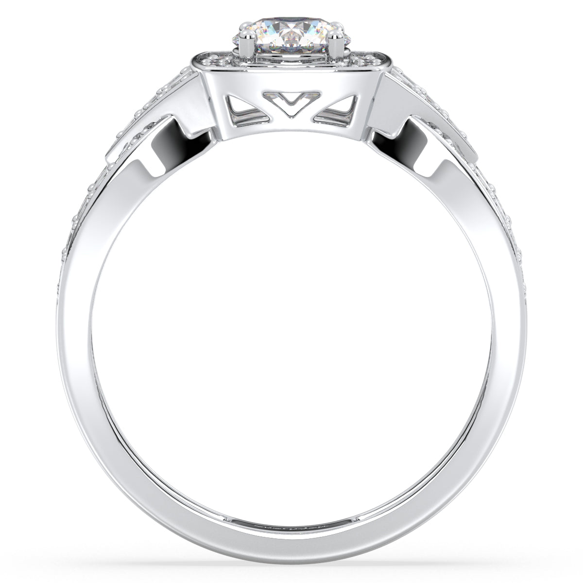 DAISY SQUARE HALO ROUND CUT SOLITAIRE RING WITH SPLIT SHANK, GOLD