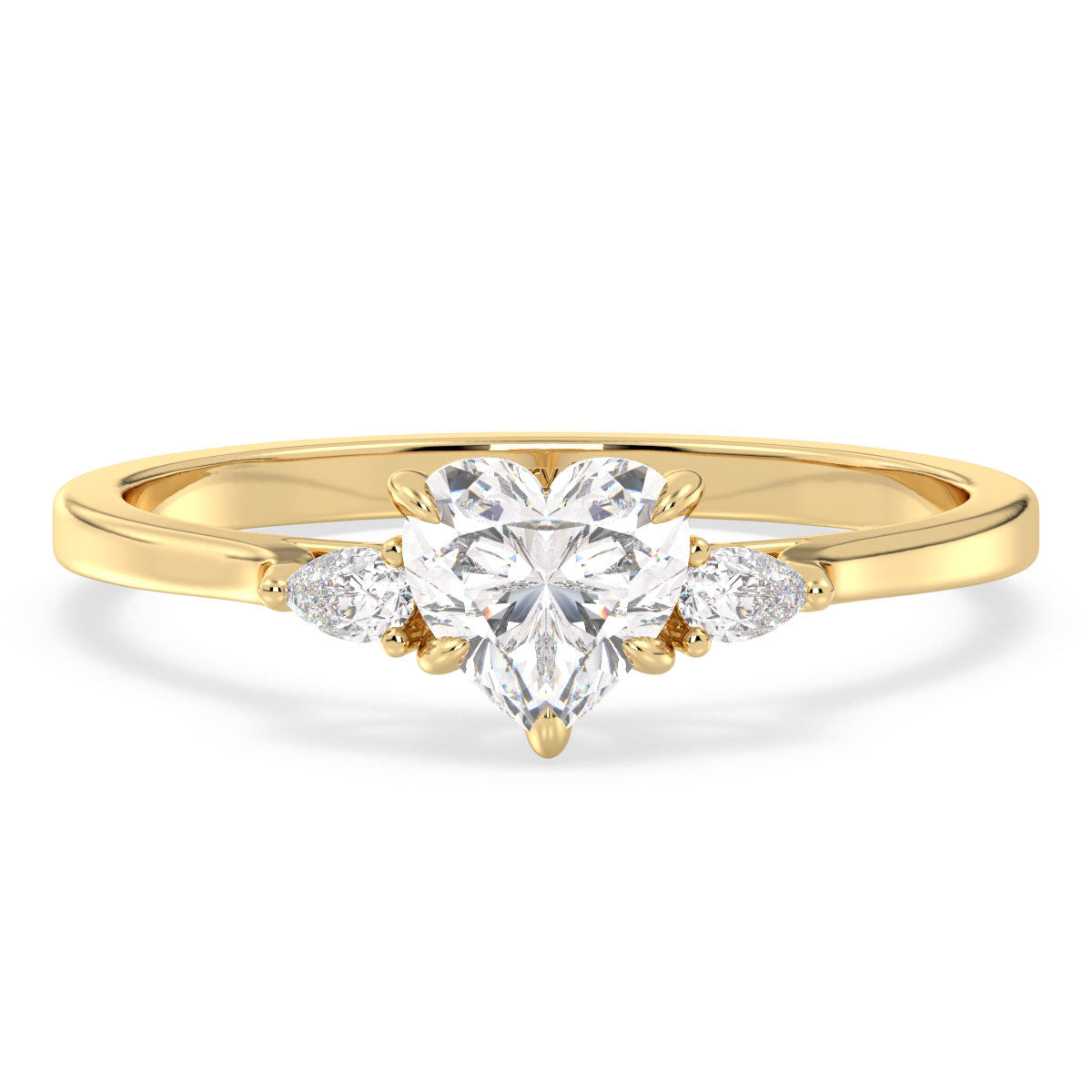 CLEMENCE HEART CUT THREE STONE RING, GOLD