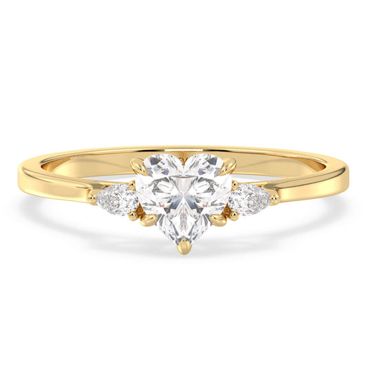 CLEMENCE HEART CUT THREE STONE RING, GOLD