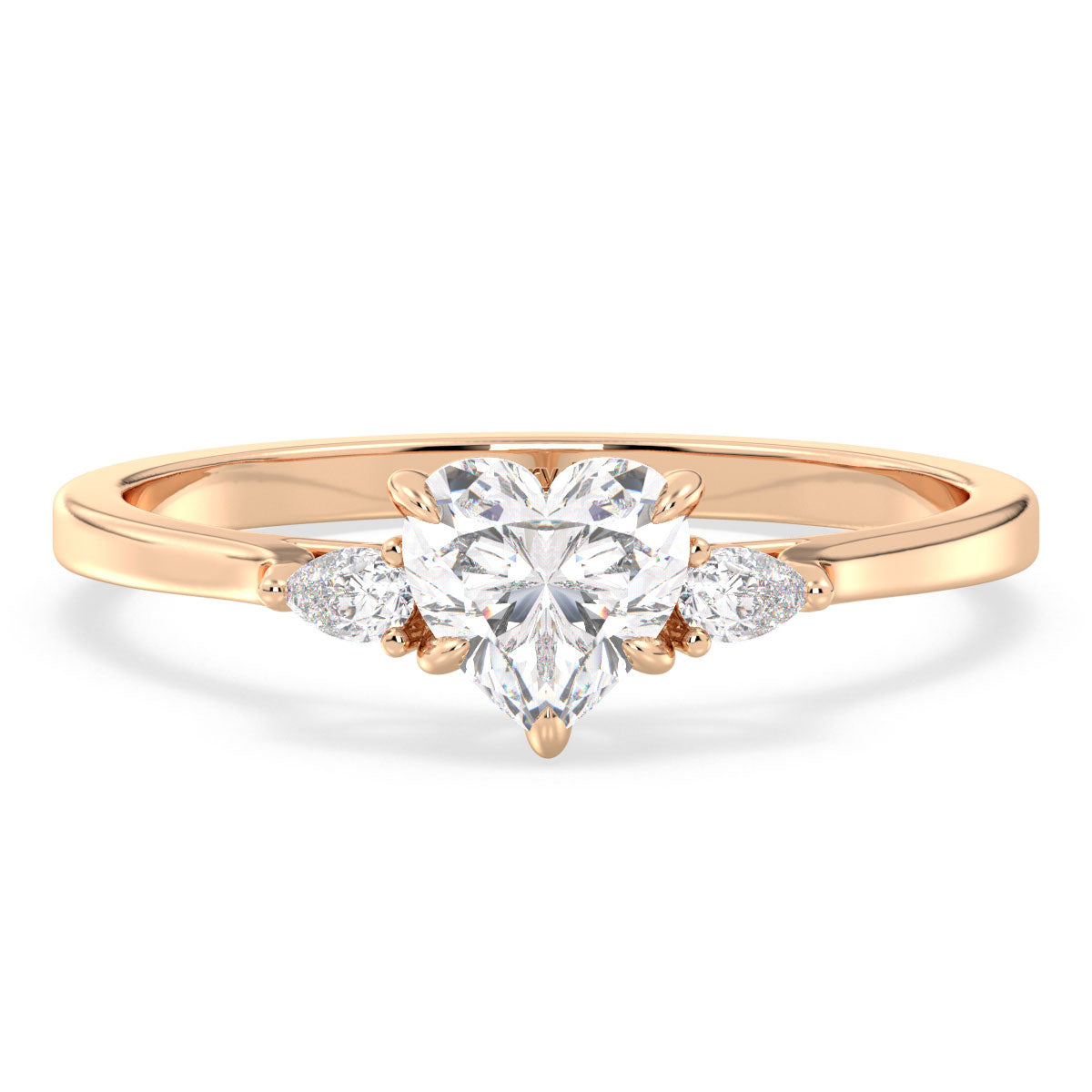 CLEMENCE HEART CUT THREE STONE RING, GOLD