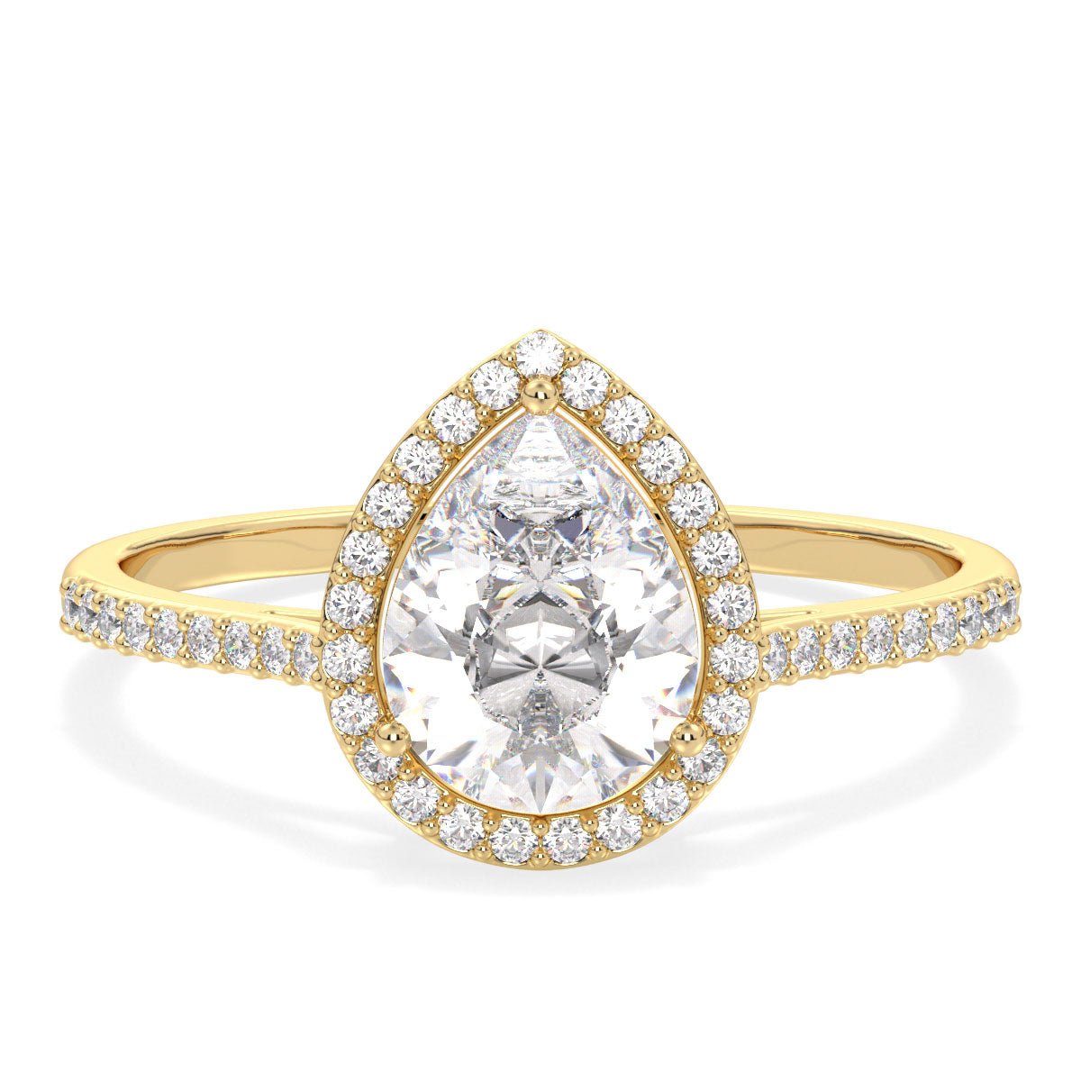 MARGUERITE HALO PEAR CUT SOLITAIRE RING WITH SIDE STONES, GOLD