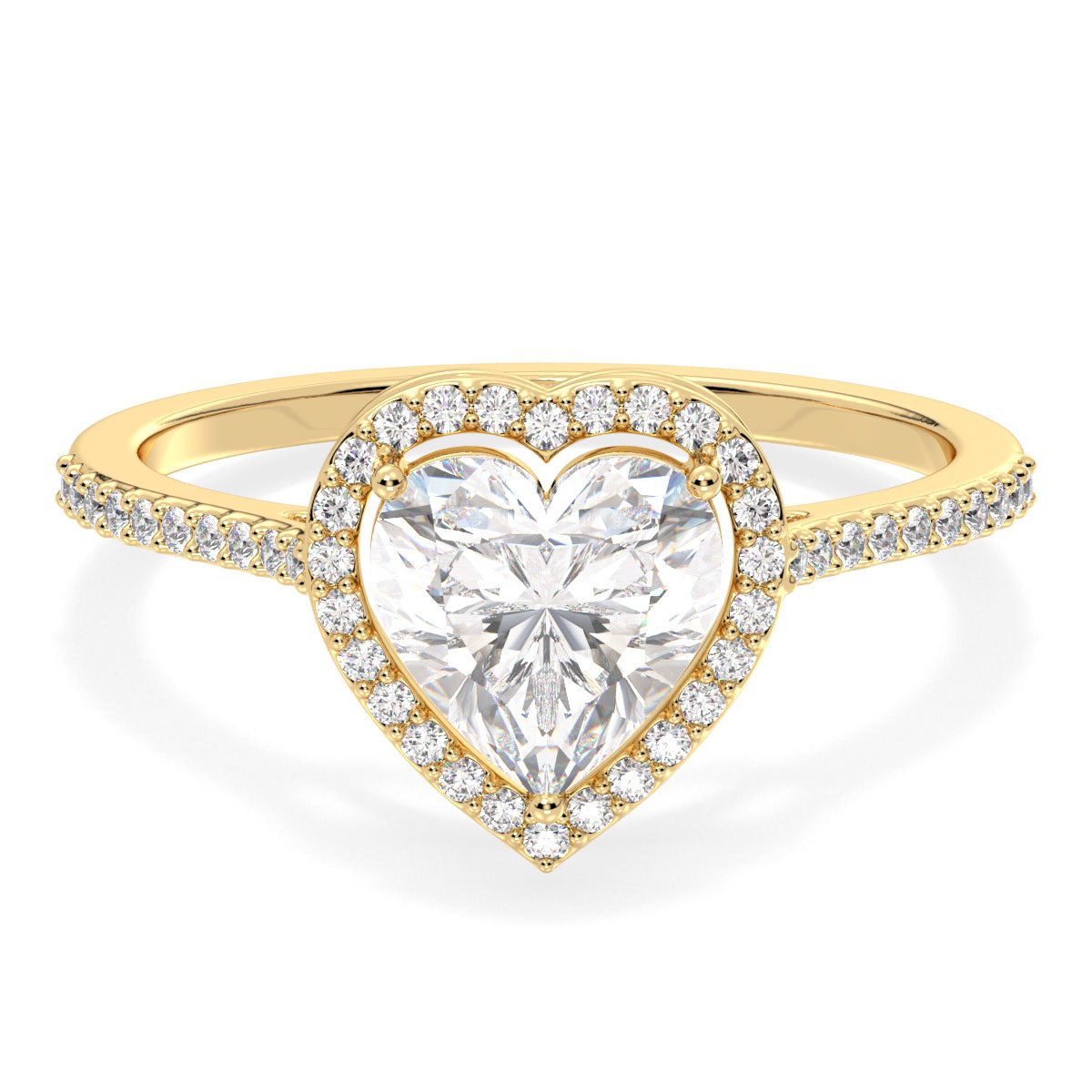 CLEMENCE HALO HEART CUT SOLITAIRE RING WITH SIDE STONES, GOLD