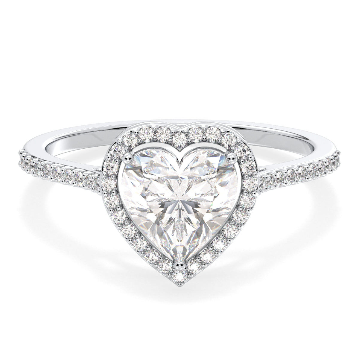 CLEMENCE HALO HEART CUT SOLITAIRE RING WITH SIDE STONES, GOLD