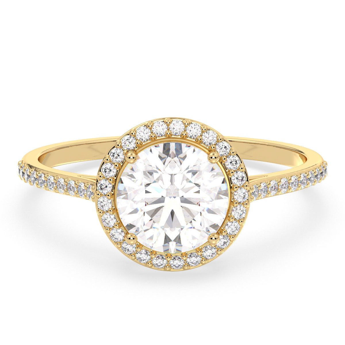 SOPHIA HALO ROUND CUT SOLITAIRE RING WITH SIDE STONES, GOLD