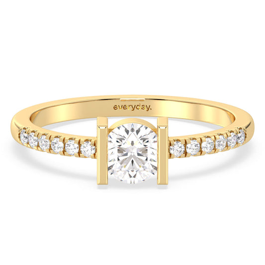 SOPHIA HALF BEZEL SET ROUND CUT DIAMOND ELEGANT RING WITH SIDE STONE, GOLD