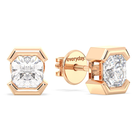 DAMAS HALF BEZEL SET RADIANT CUT SOLITAIRE EAR STUDS, GOLD