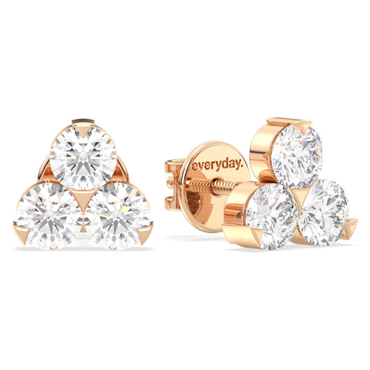 CLARETTE ROUND CUT THREE STONE DIAMOND STUDS, GOLD