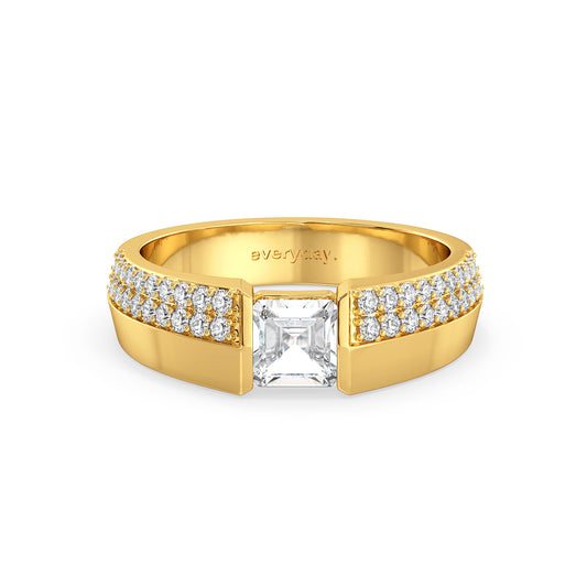 OLIVER CHANNEL SET PRINCESS CUT SOLITAIRE RING WITH A STUDDED SHANK, GOLD