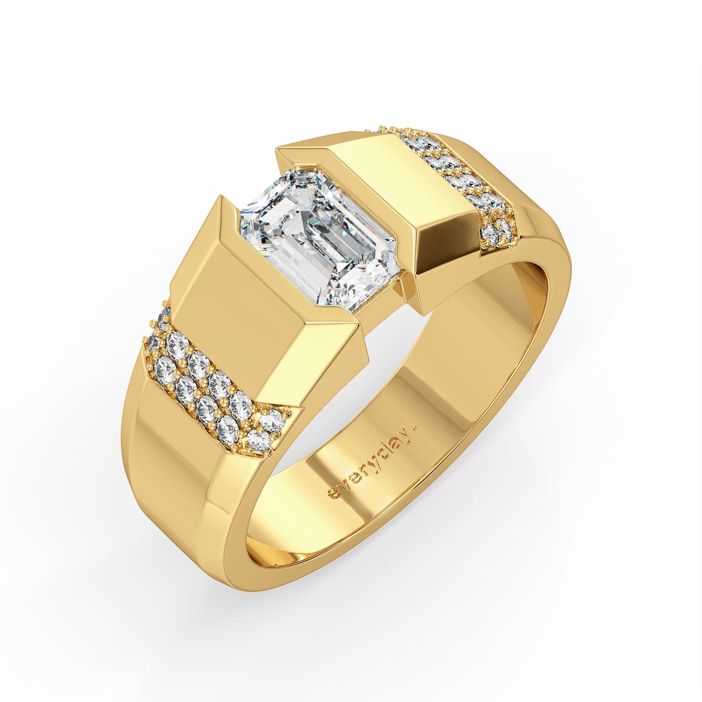 AMBROSE CHANNEL SET EMERALD CUT LAB GROWN DIAMOND SOLITAIRE ENGAGEMENT RING WITH STUDDED STRIPES, GOLD