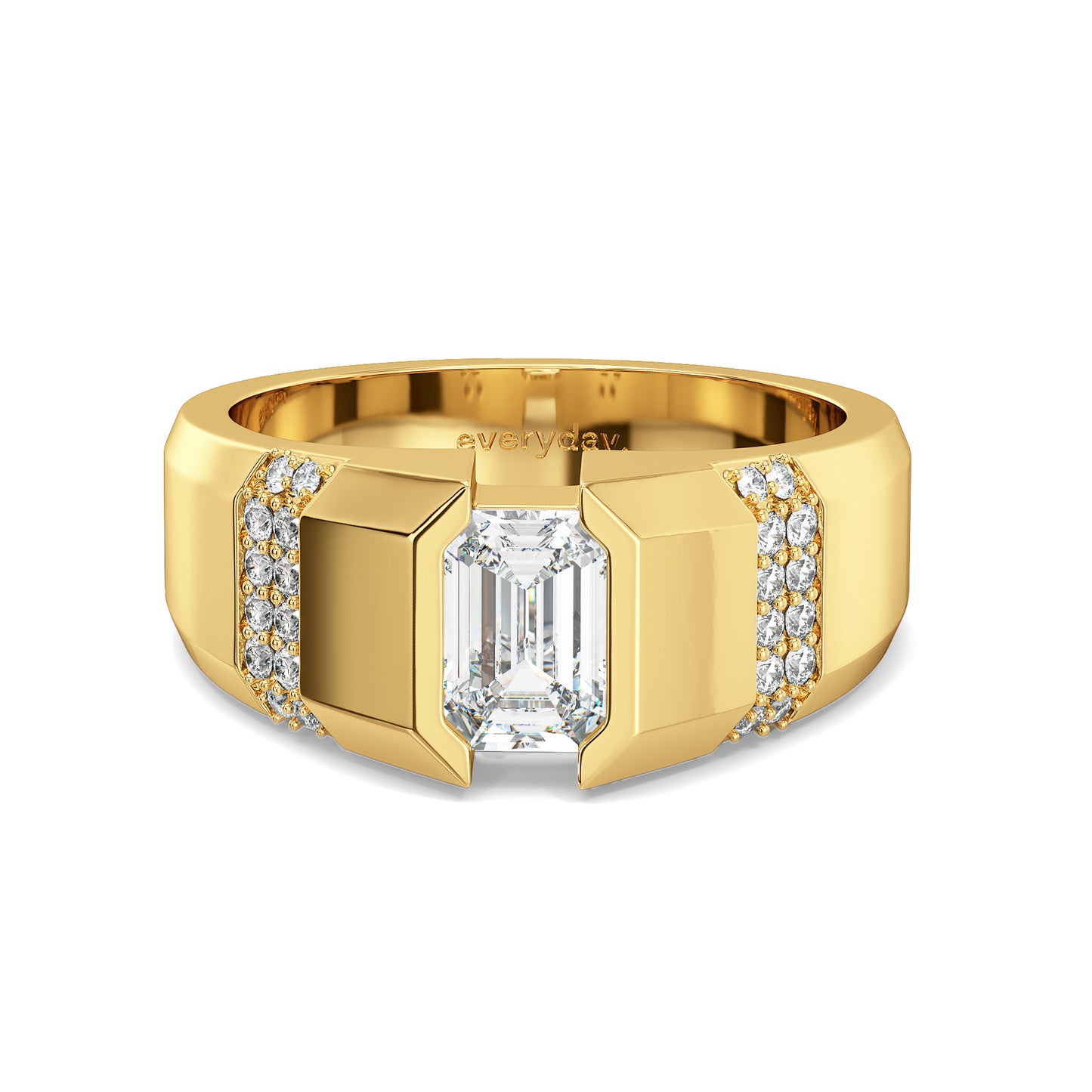 AMBROSE CHANNEL SET EMERALD CUT LAB GROWN DIAMOND SOLITAIRE ENGAGEMENT RING WITH STUDDED STRIPES, GOLD