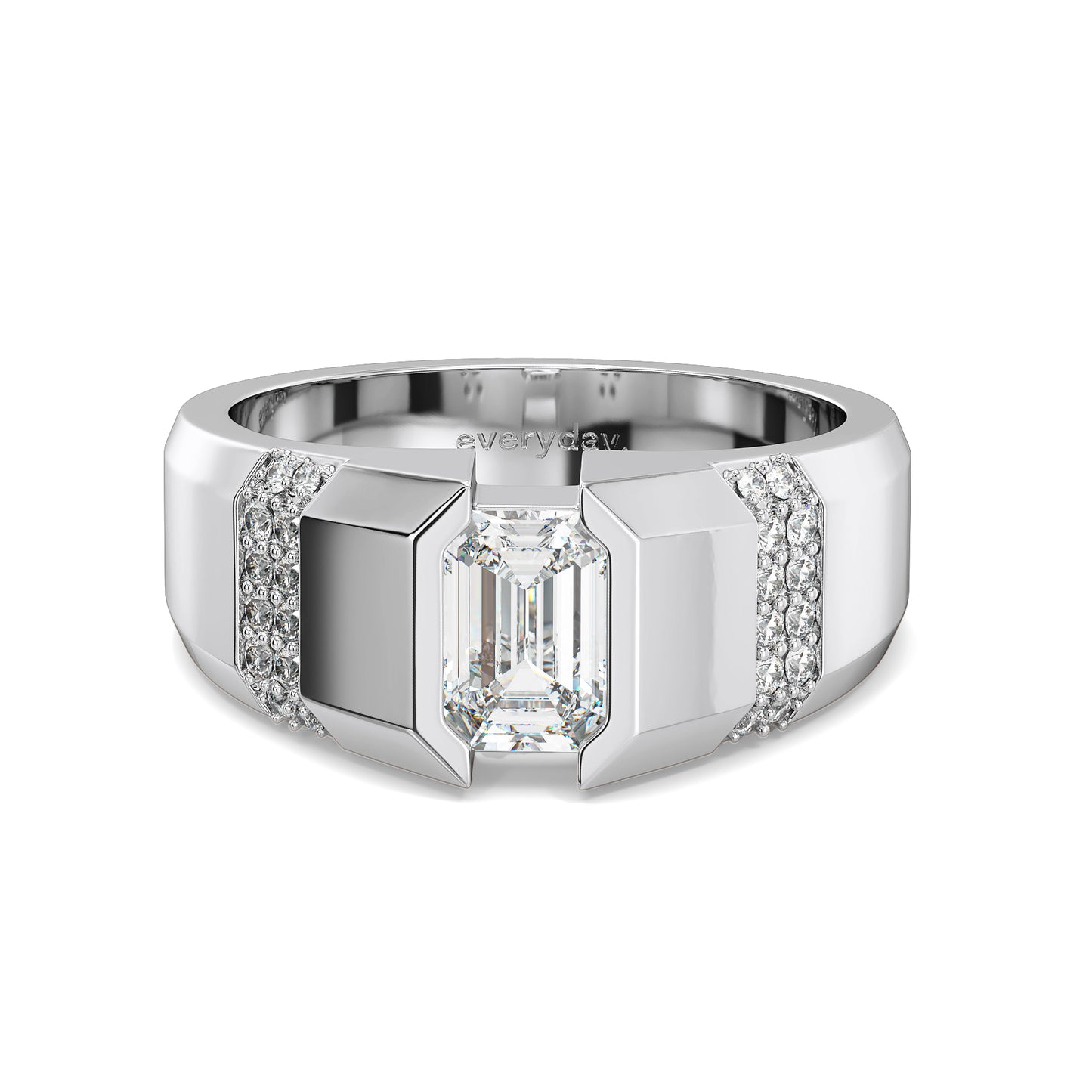 AMBROSE CHANNEL SET EMERALD CUT LAB GROWN DIAMOND SOLITAIRE ENGAGEMENT RING WITH STUDDED STRIPES, GOLD