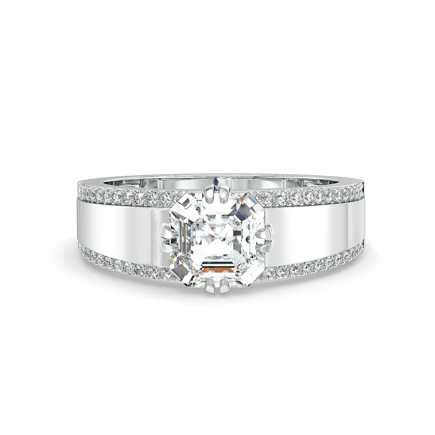 FRANCIS ASSCHER CUT SOLITAIRE RING WITH STUDDED DIAMONDS, GOLD