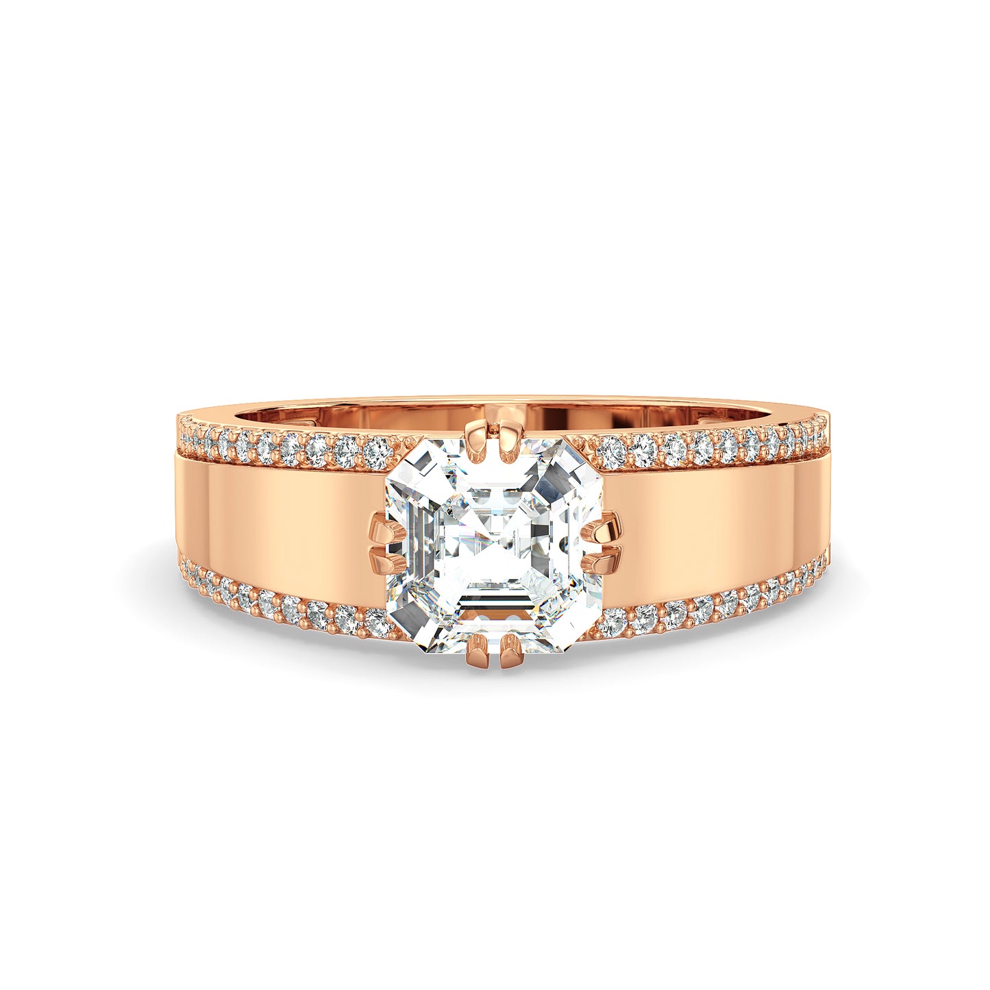 FRANCIS ASSCHER CUT SOLITAIRE RING WITH STUDDED DIAMONDS, GOLD