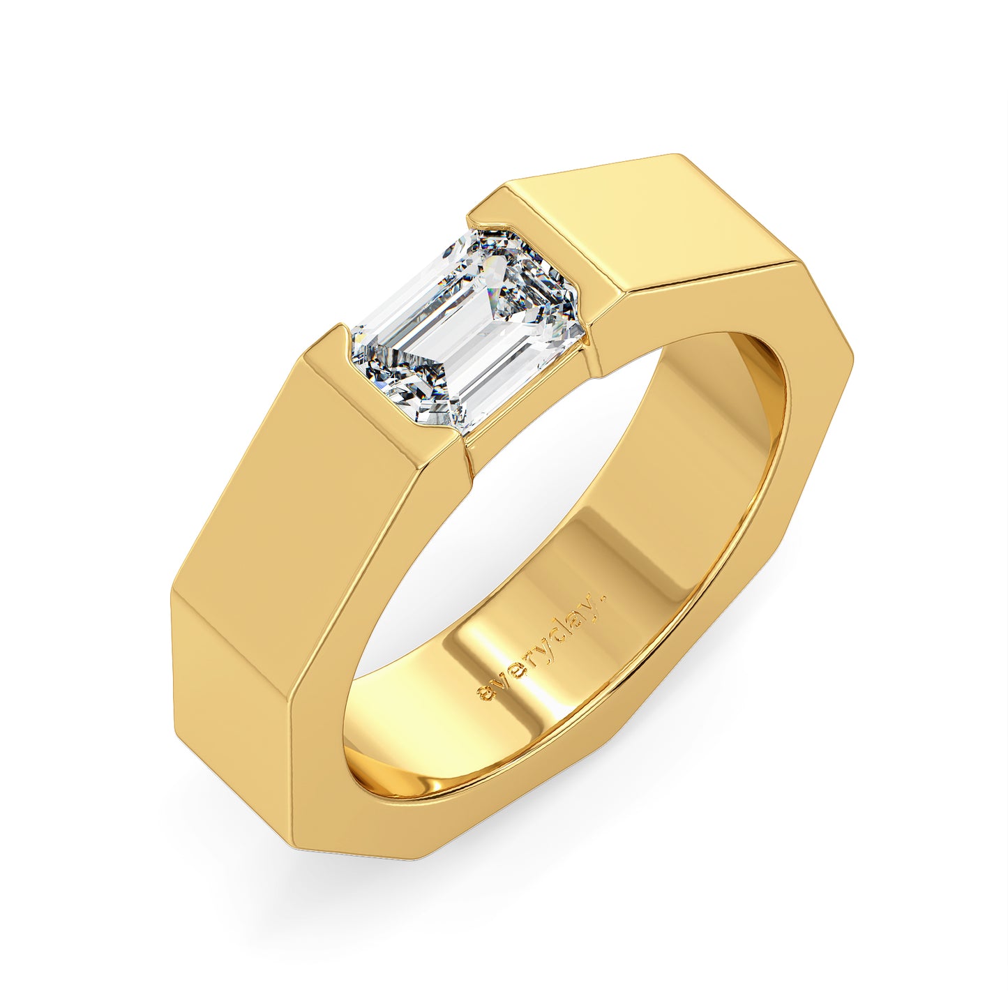 AMBROSE EMERALD CUT HALF BEZEL SET SOLITAIRE BAND, GOLD