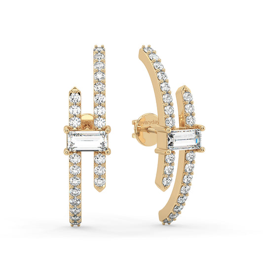 IRIS BAGUETTE CUT DIAMOND WITH SIDE STONES HALF HOOPS, GOLD