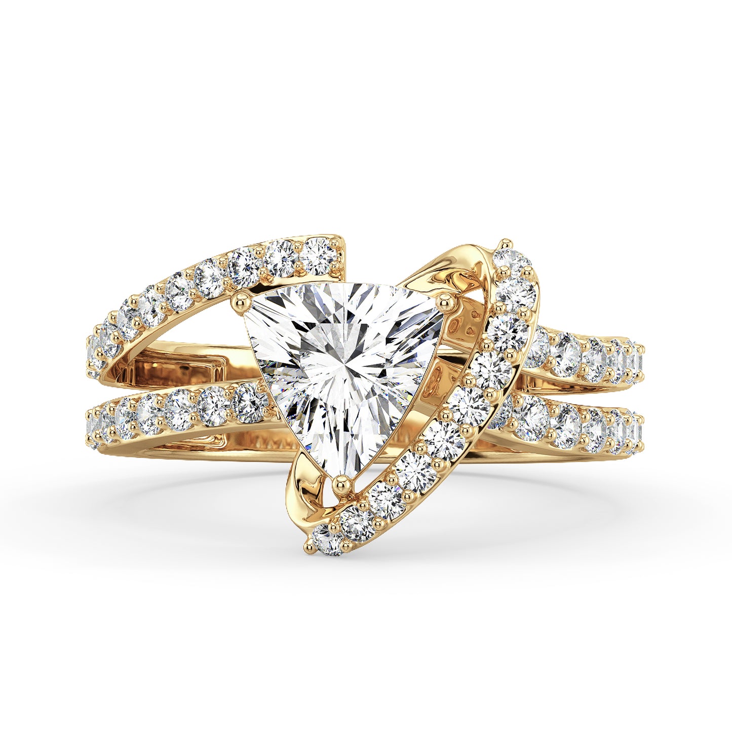 IRIS TRILLION CUT SOLITAIRE AND ROUND CUT DIAMOND STUDDED RING, GOLD