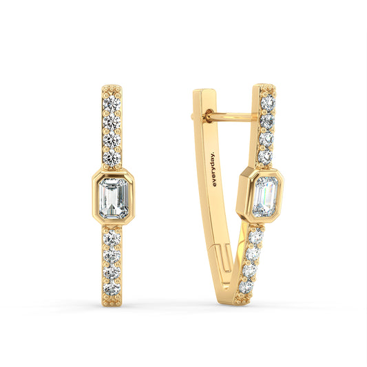 KATE BEZEL SET EMERALD CUT DIAMOND STUDDED HUGGIE, GOLD