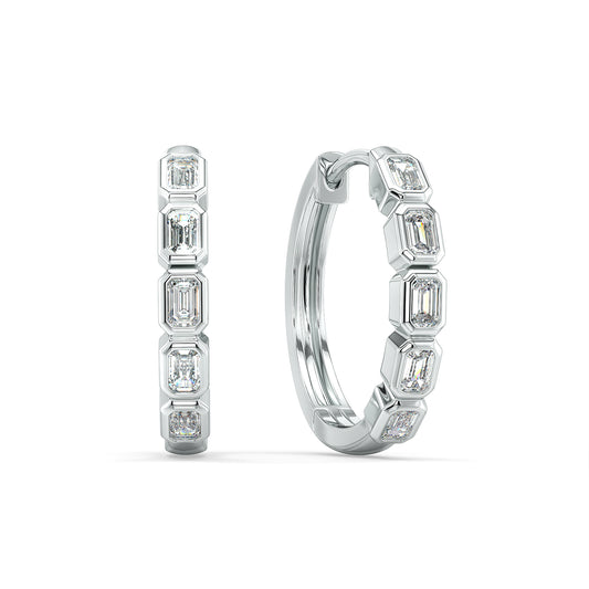 ROSE BEZEL SET EMERALD CUT DIAMOND HALF ETERNITY HOOPS, GOLD