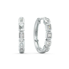 ROSE BEZEL SET EMERALD CUT LAB GROWN DIAMOND HALF ETERNITY HOOPS, GOLD