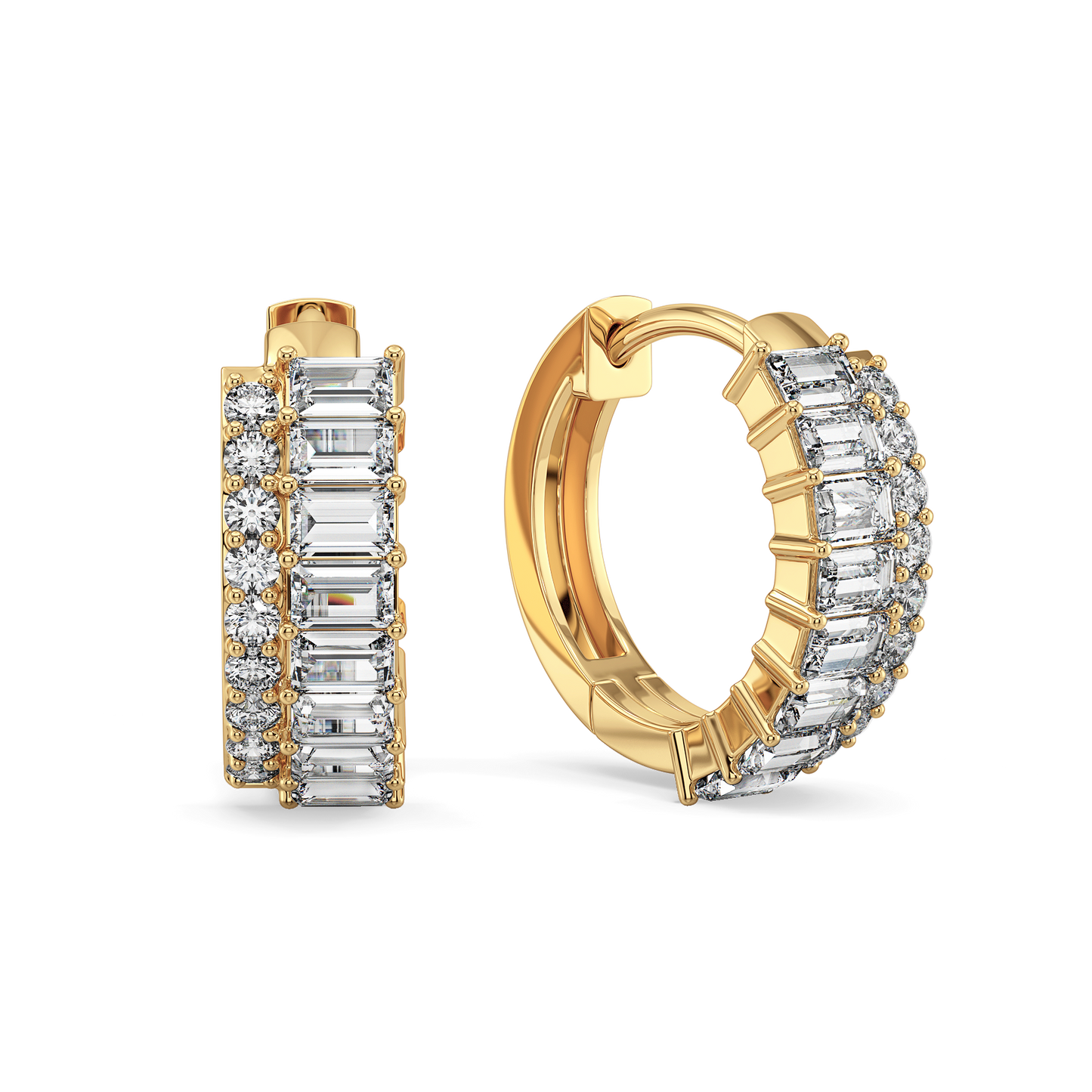 DAMAS DOUBLE ROW BAGUETTE AND ROUND CUT DIAMOND HUGGIES, GOLD