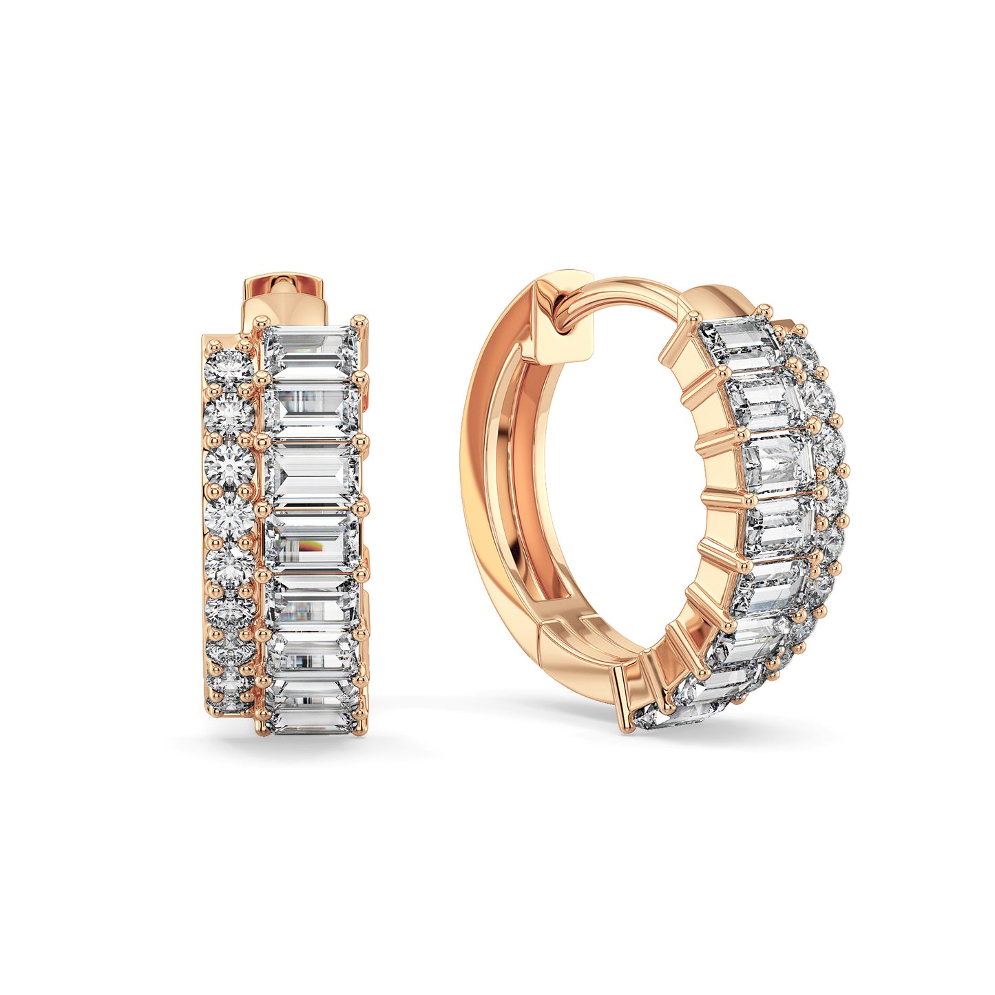 DAMAS DOUBLE ROW BAGUETTE AND ROUND CUT DIAMOND HUGGIES, GOLD