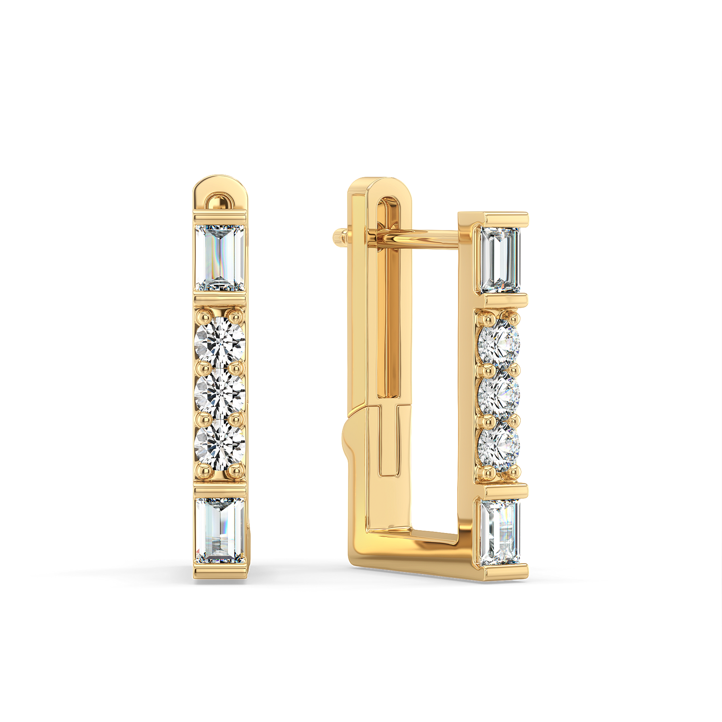 DAMAS HALF BEZEL SET BAGUEETE AND ROUND CUT DIAMOND HUGGIES, GOLD