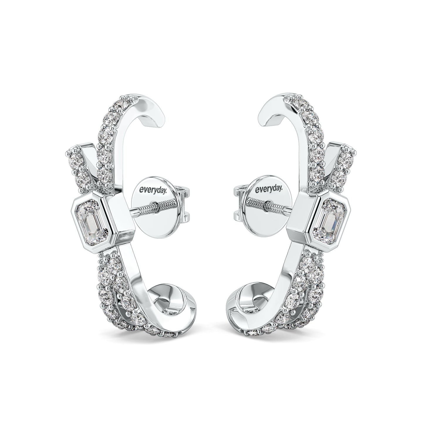 KATE BEZEL SET EMERALD CUT DIAMOND STUDDED HOOPS IN A FANCY SETTING, GOLD